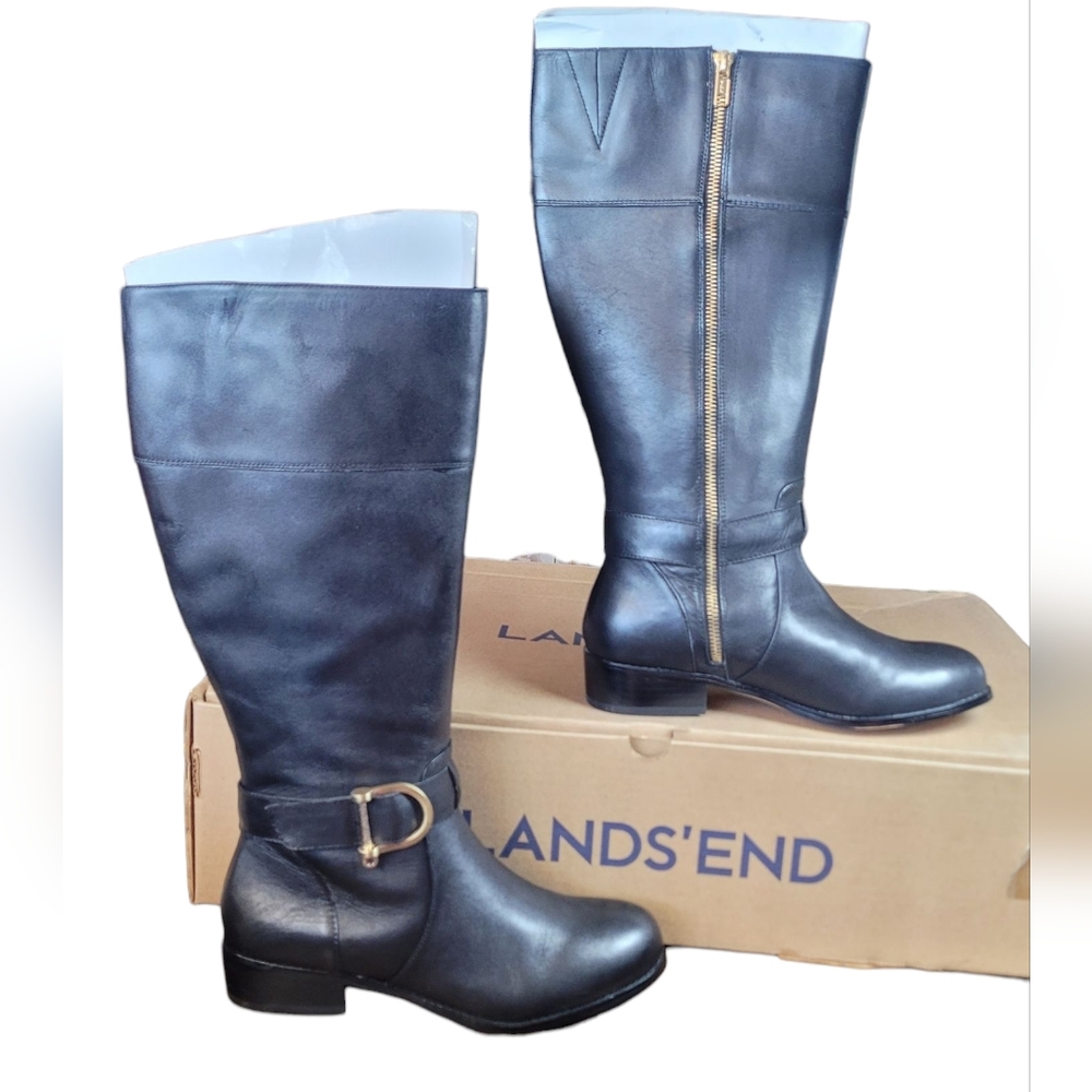 Lands' End Black Leather Tall Boots with Gold Buckle